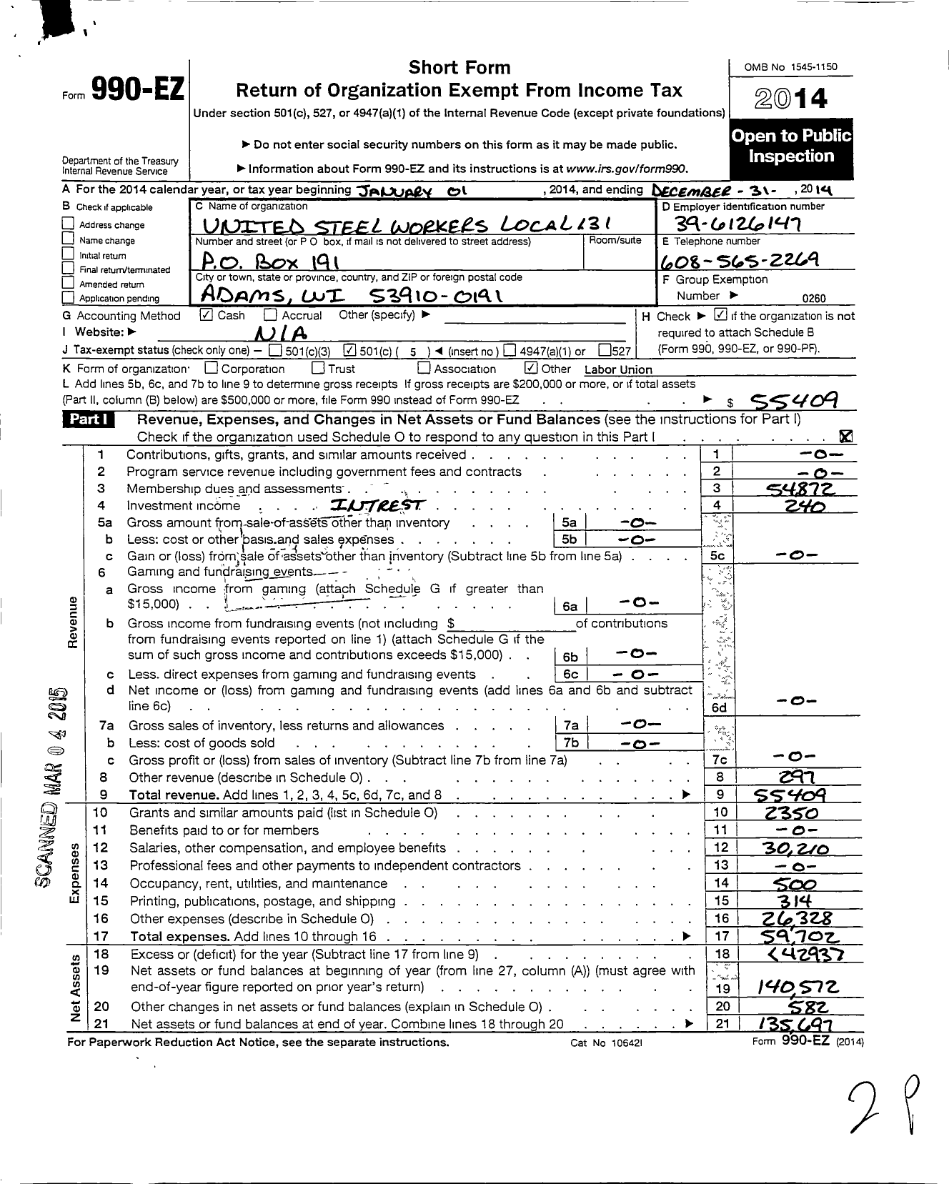 Image of first page of 2014 Form 990EO for United Steelworkers - 00131 Local