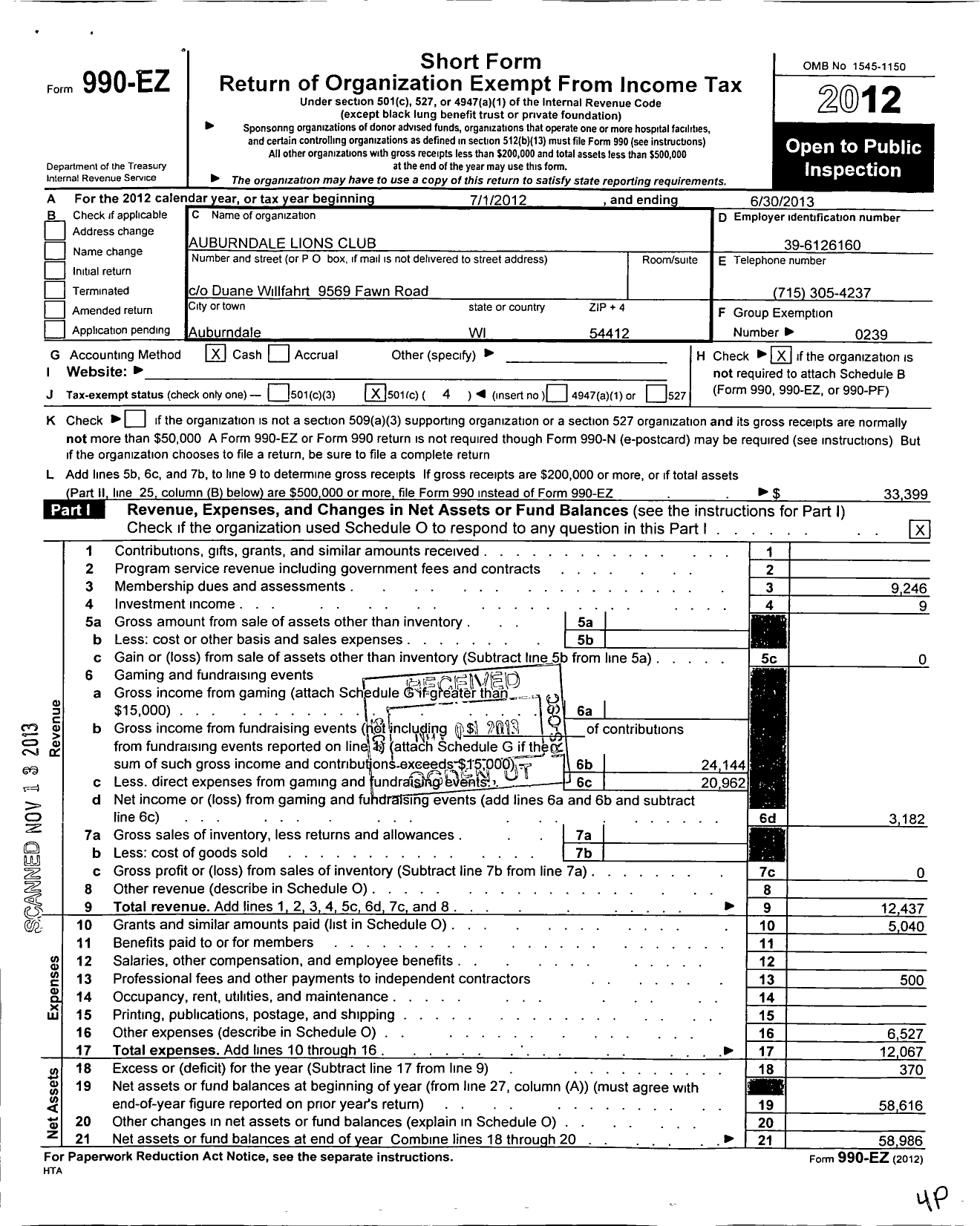 Image of first page of 2012 Form 990EO for Lions Clubs - 10526 Auburndale