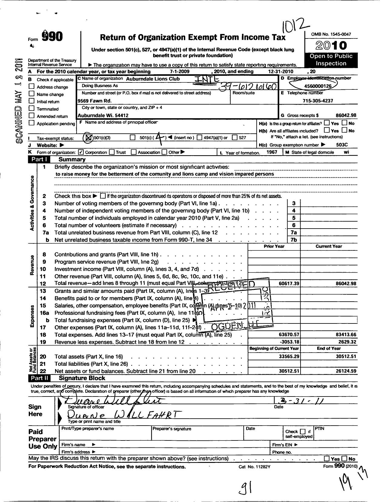 Image of first page of 2010 Form 990O for Lions Clubs - 10526 Auburndale