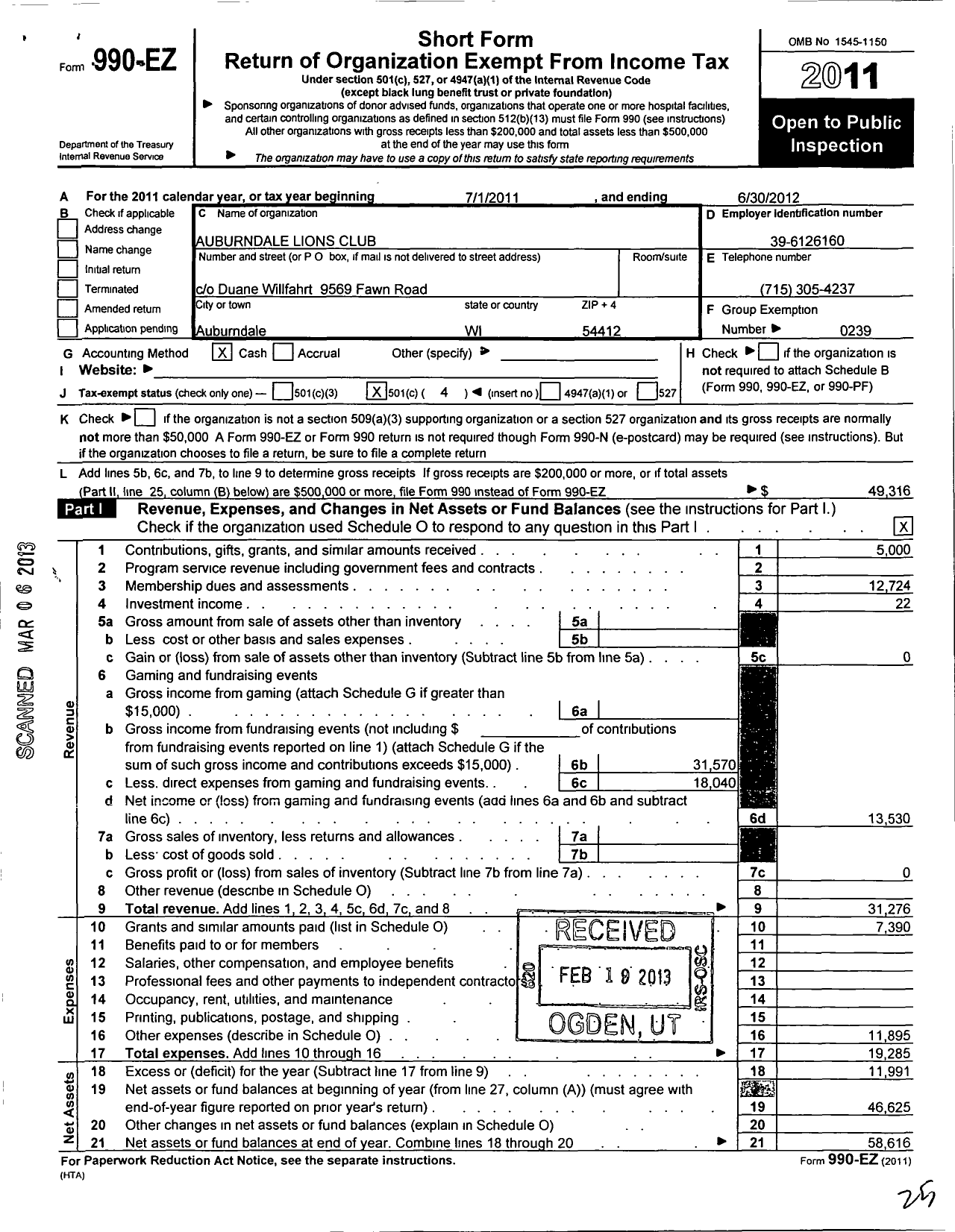 Image of first page of 2011 Form 990EO for Lions Clubs - 10526 Auburndale