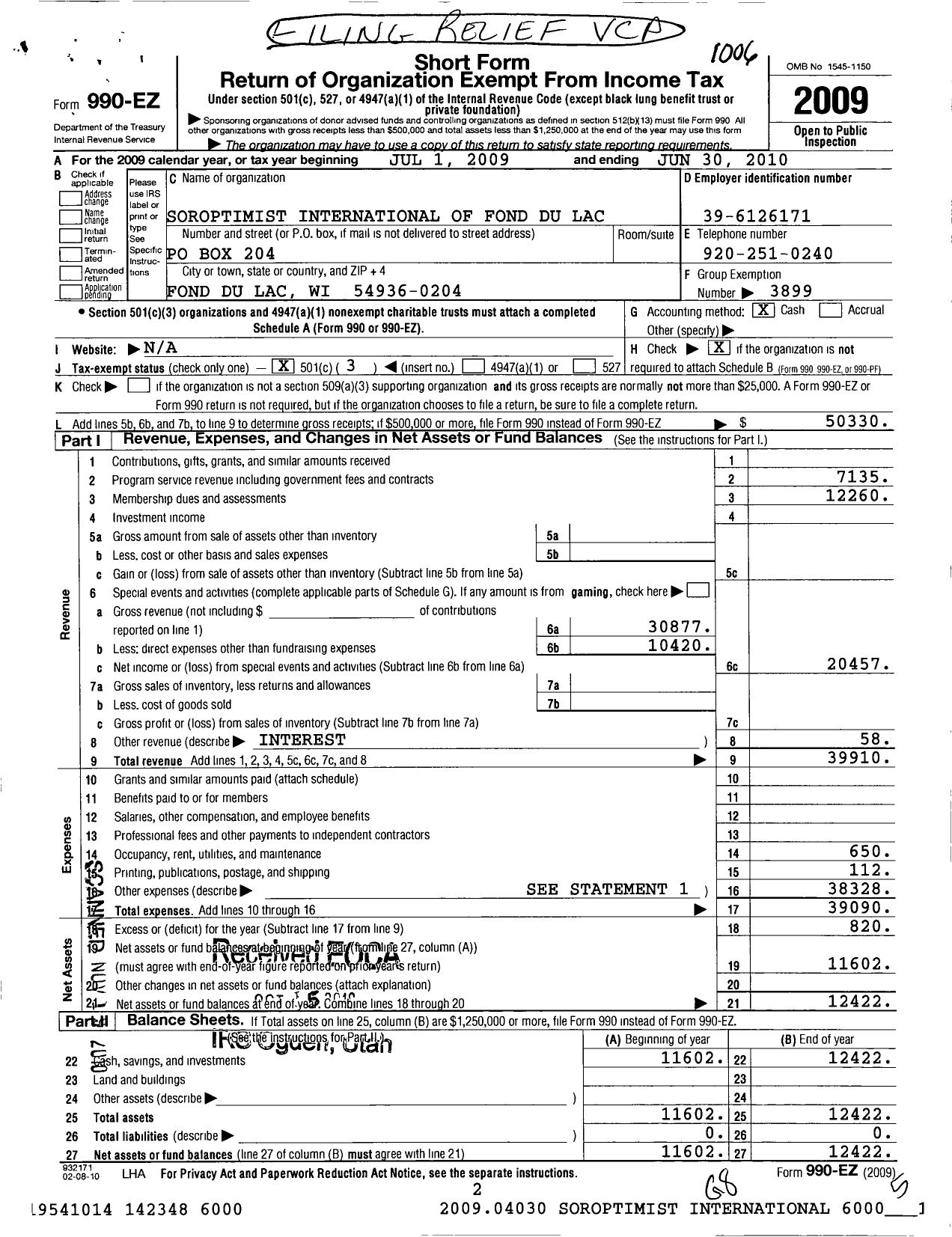 Image of first page of 2009 Form 990EZ for Soroptimist INTERNATIONAL OF THE AMERICAS - 105105 Fond du Lac Wi