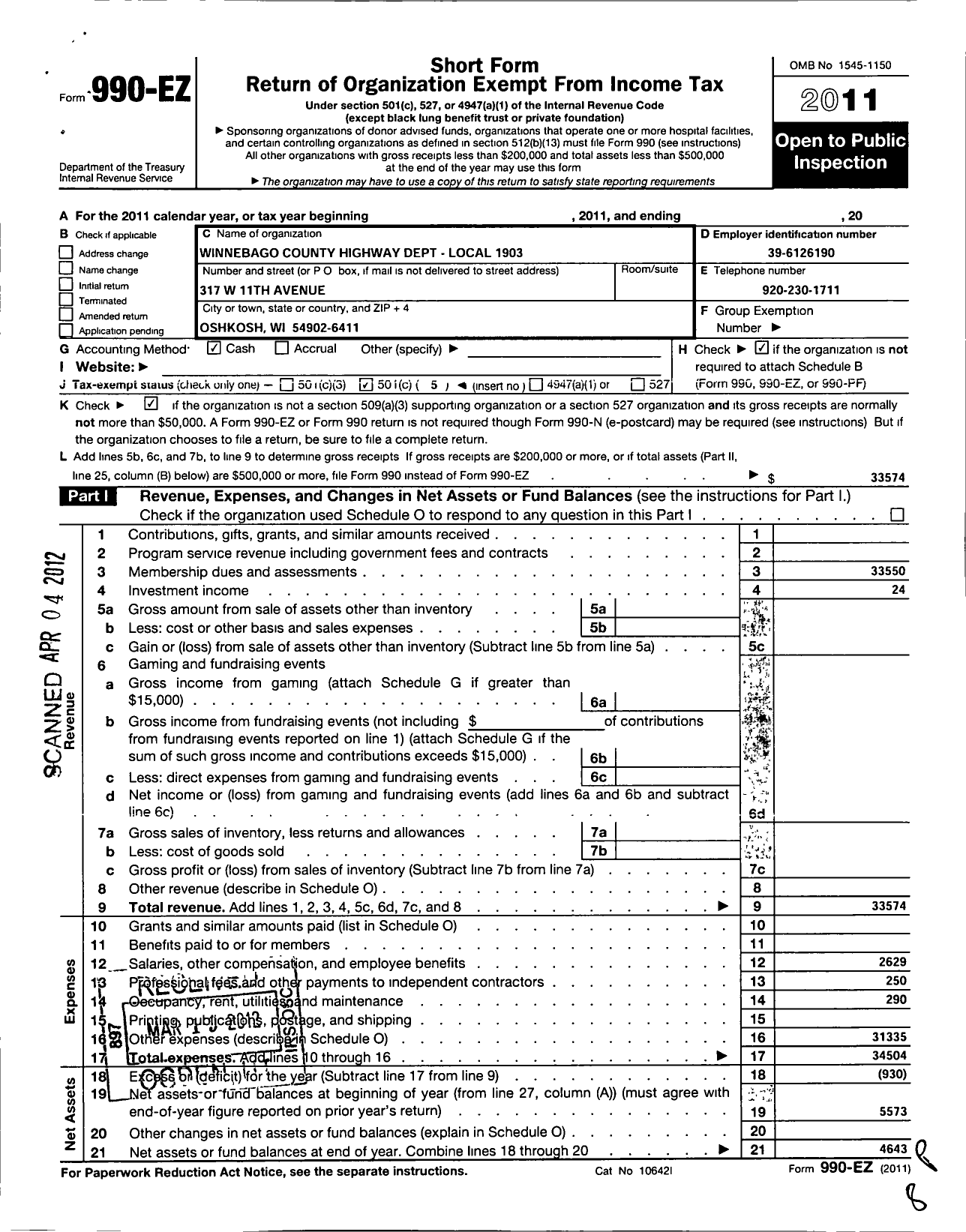 Image of first page of 2011 Form 990EO for American Federation of State County & Municipal Employees - L1903wi Winnebago Co Hwy Dept Empl