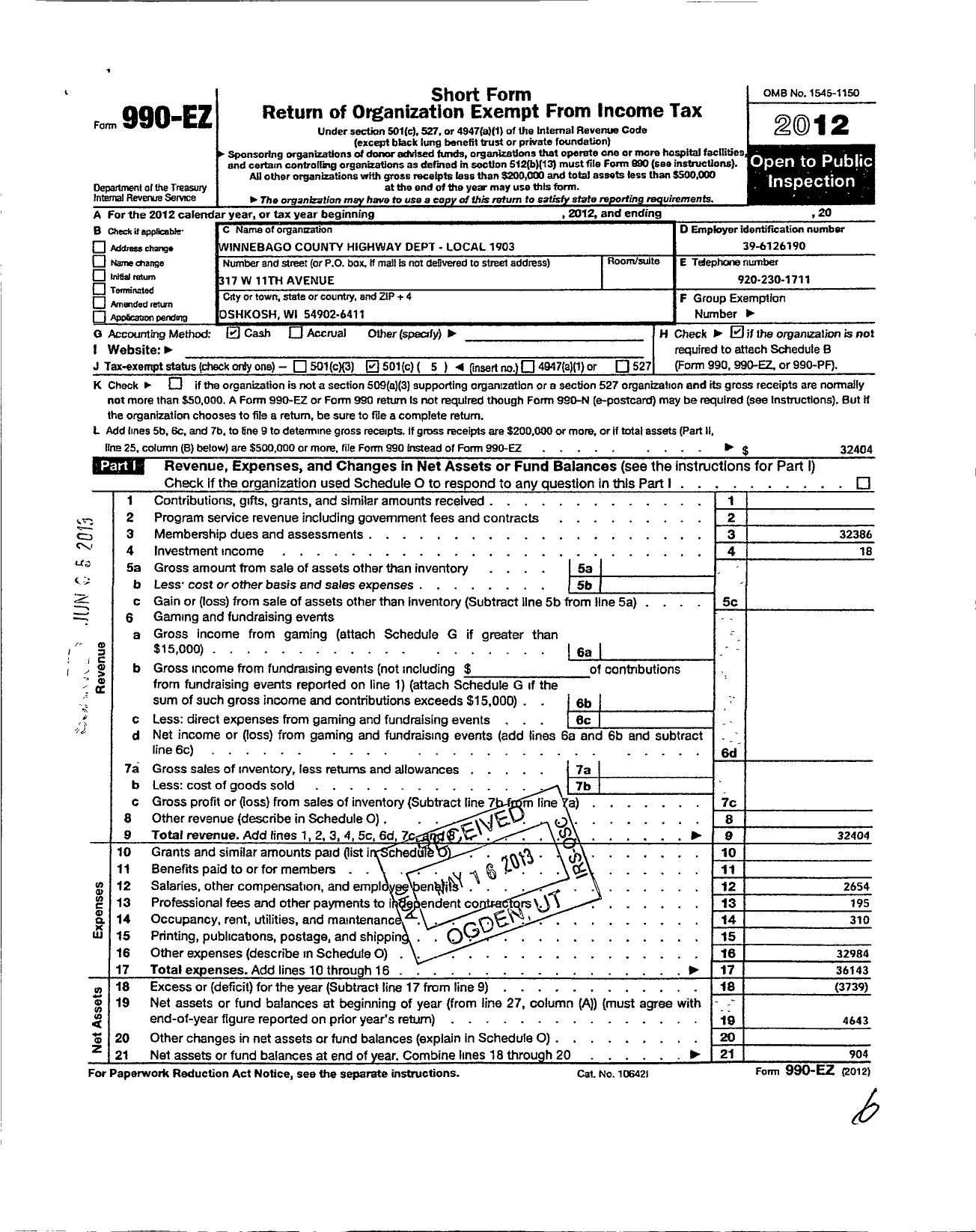 Image of first page of 2012 Form 990EO for American Federation of State County & Municipal Employees - L1903wi Winnebago Co Hwy Dept Empl