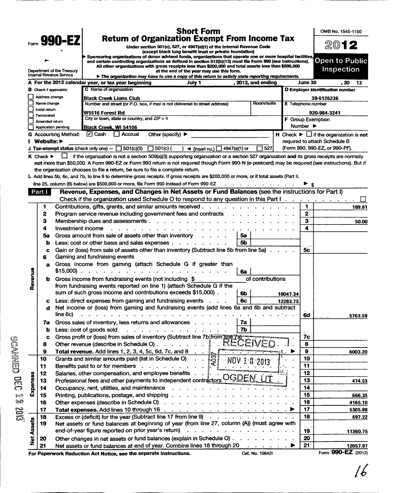 Image of first page of 2012 Form 990EO for Lions Clubs - 10467 Black Creek