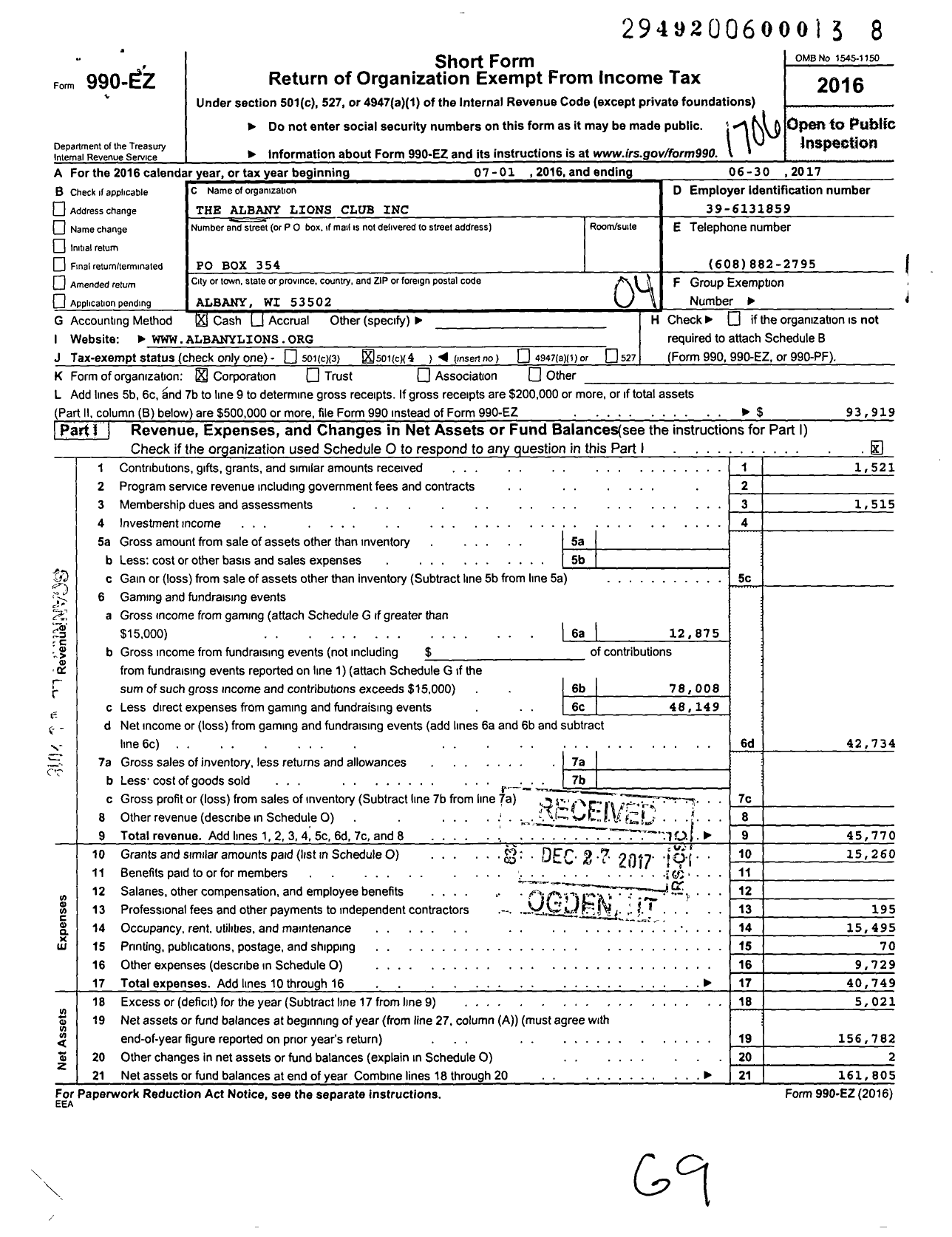 Image of first page of 2016 Form 990EO for The Albany Lions Club