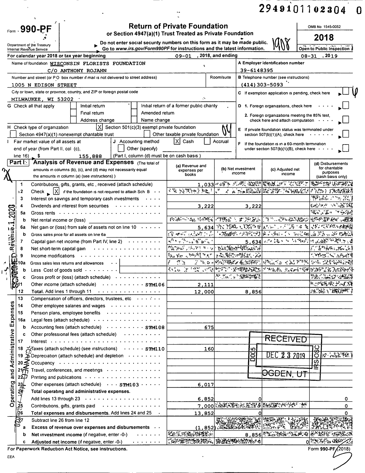 Image of first page of 2018 Form 990PR for Wisconsin Florists Foundation