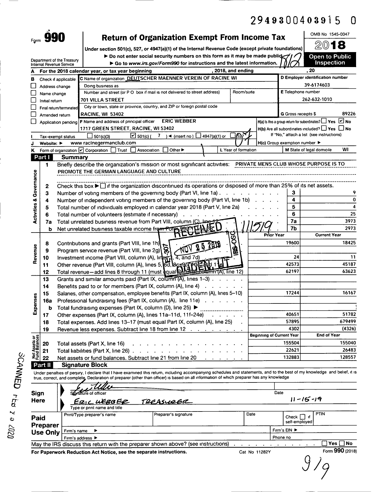 Image of first page of 2018 Form 990O for Deutscher Maenner Verein of Racine Wi