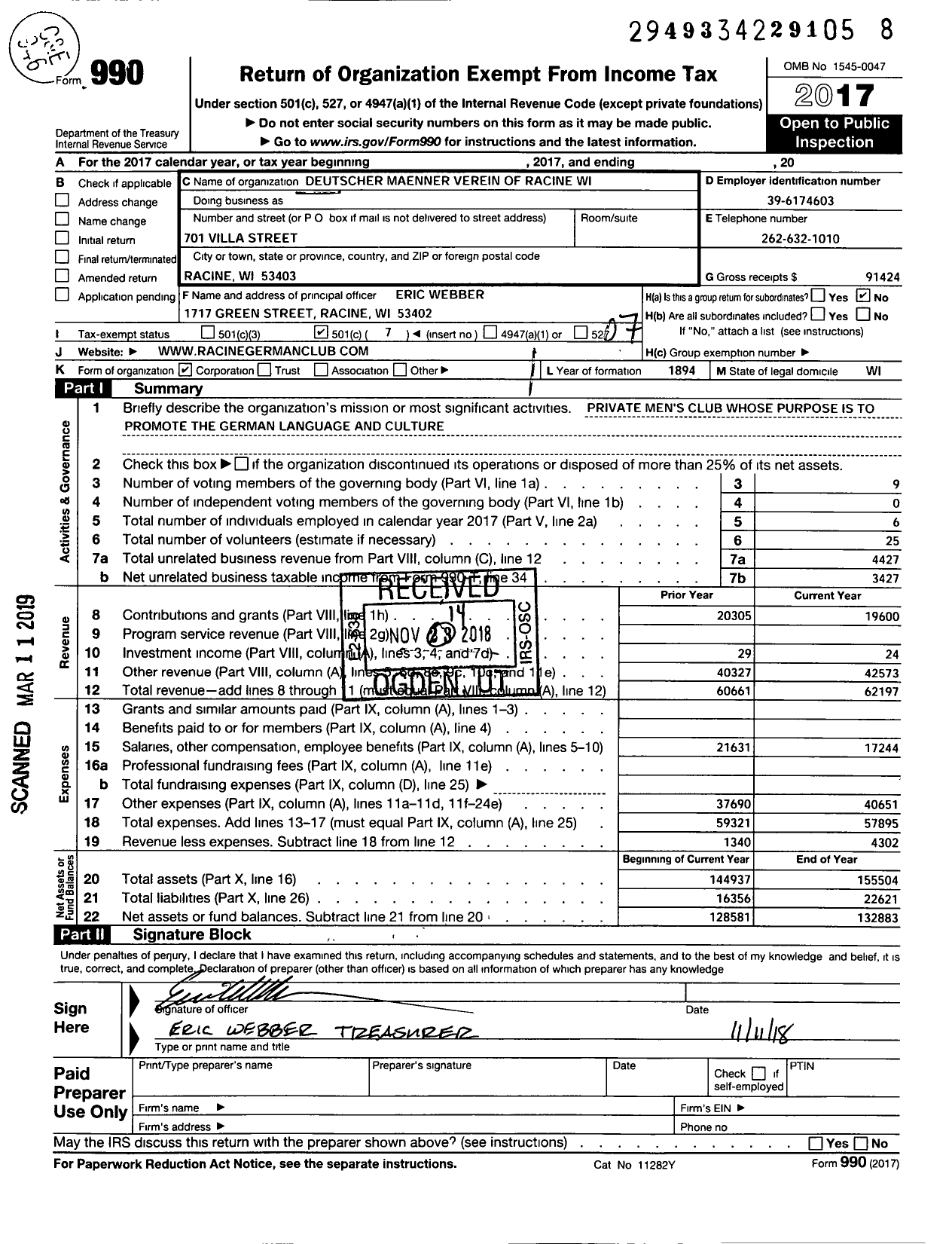 Image of first page of 2017 Form 990O for Deutscher Maenner Verein of Racine Wi