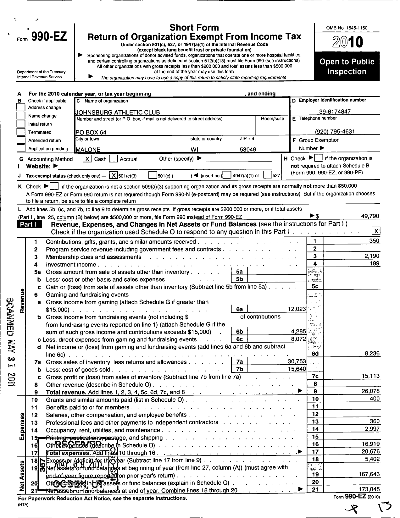 Image of first page of 2010 Form 990EZ for Johnsburg Athletic Club