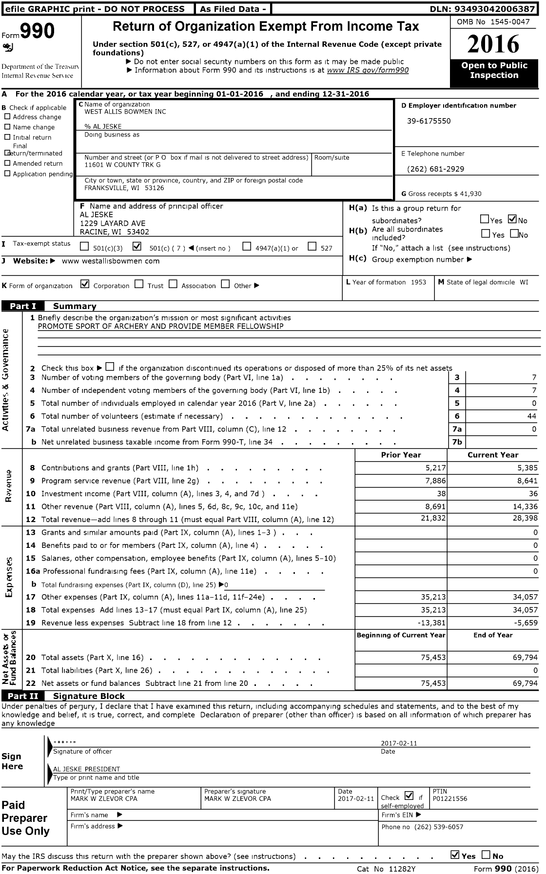 Image of first page of 2016 Form 990O for West Allis Bowmen