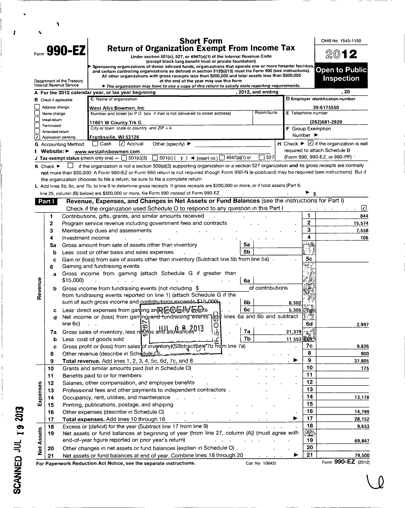 Image of first page of 2012 Form 990EO for West Allis Bowmen