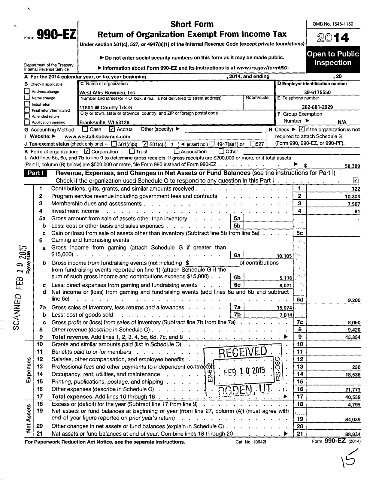 Image of first page of 2014 Form 990EO for West Allis Bowmen