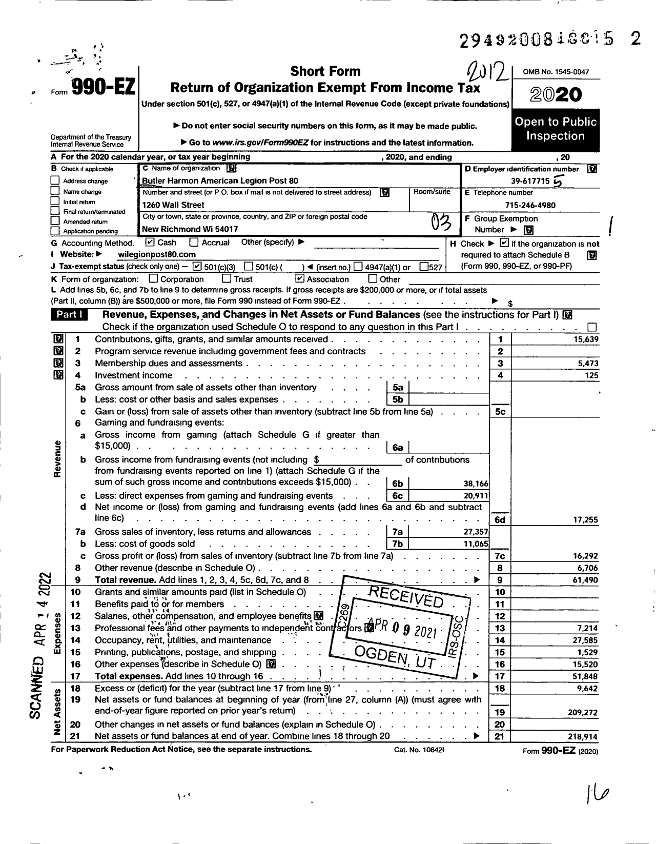 Image of first page of 2020 Form 990EZ for American Legion - 80 Butler-Harmon