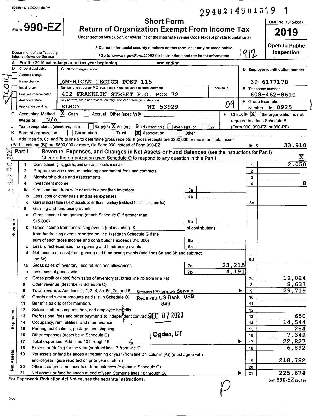 Image of first page of 2019 Form 990EO for American Legion Post 115