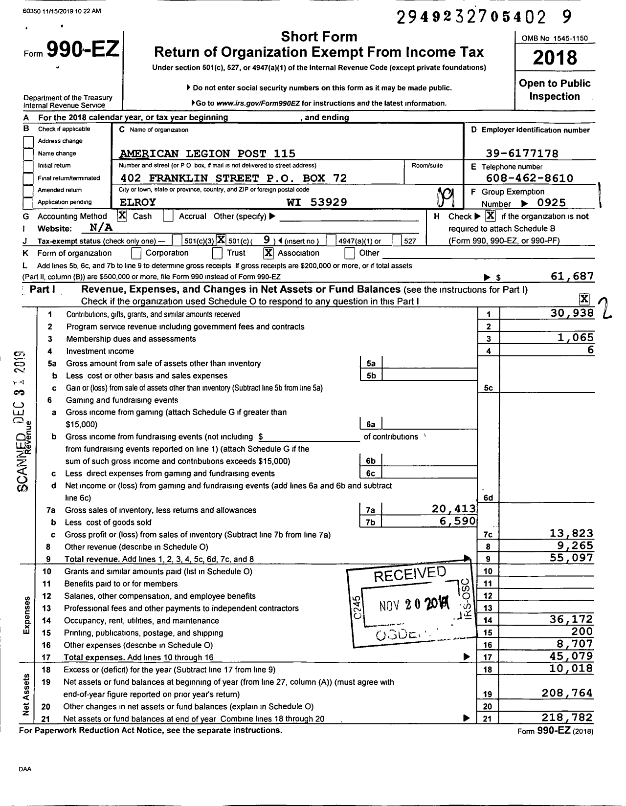 Image of first page of 2018 Form 990EO for American Legion Post 115