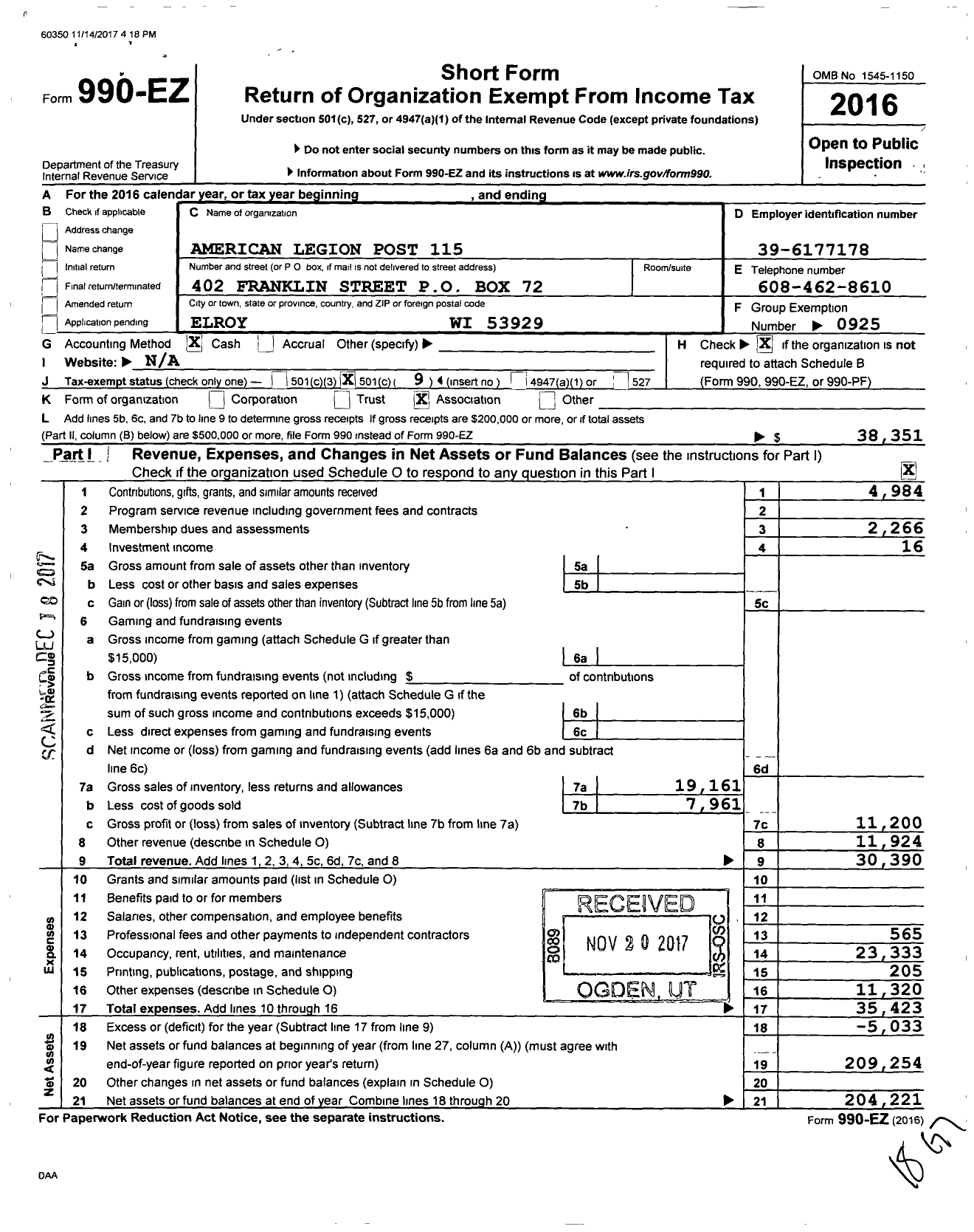 Image of first page of 2016 Form 990EO for American Legion Post 115