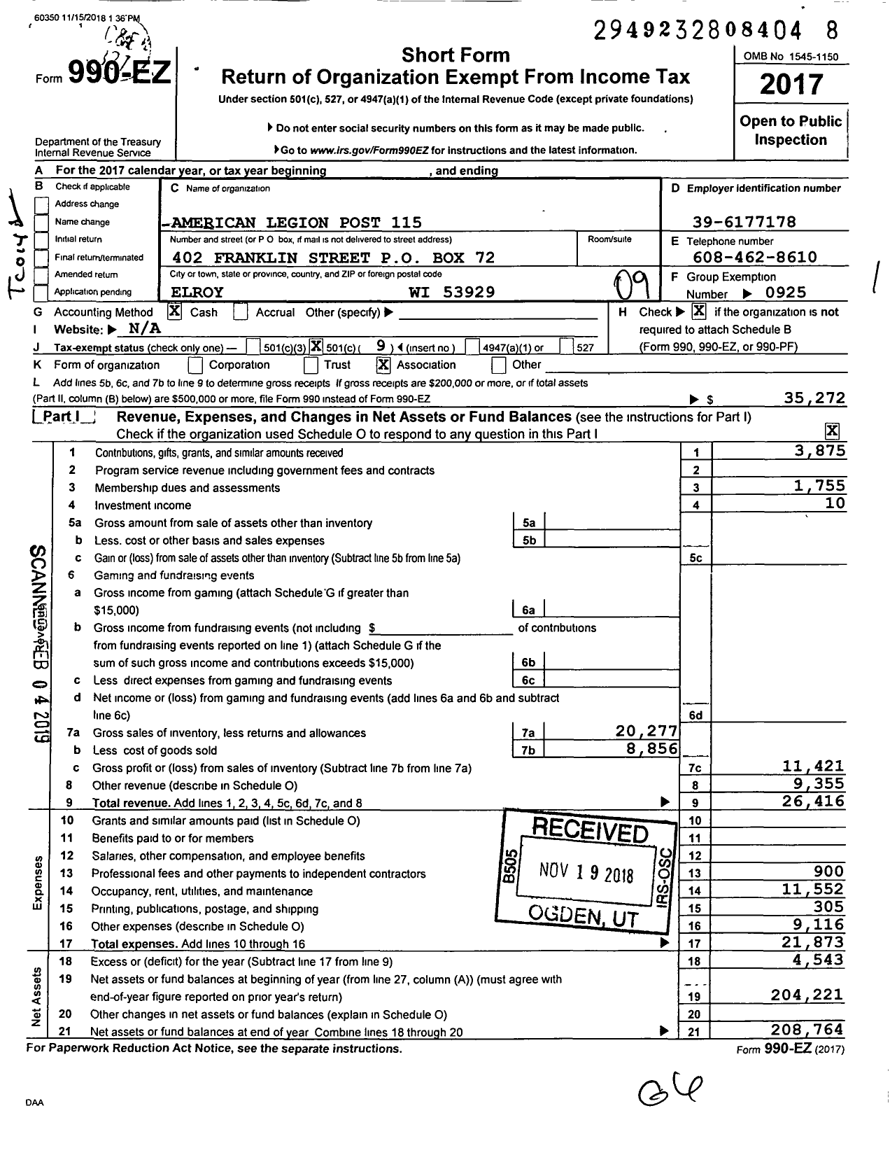 Image of first page of 2017 Form 990EO for American Legion Post 115