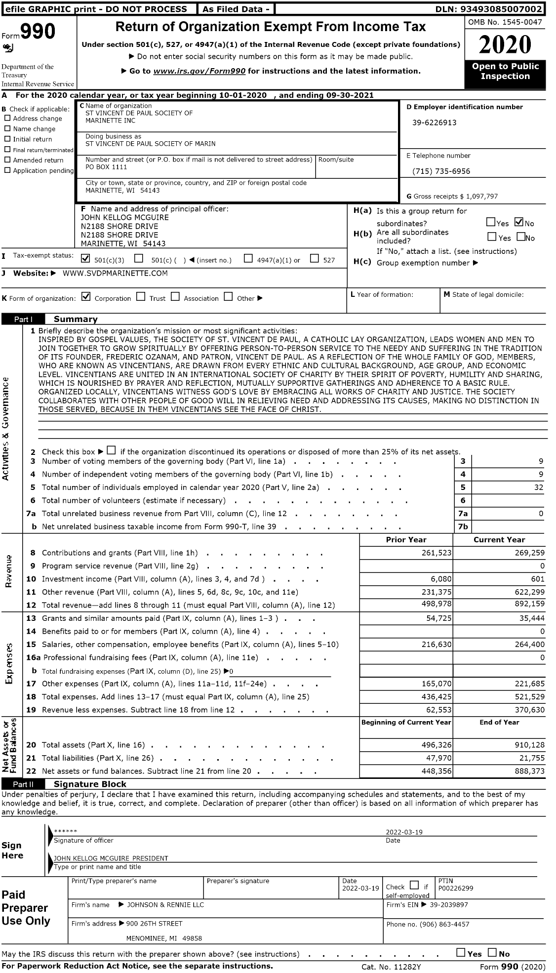 Image of first page of 2020 Form 990 for St Vincent de Paul Society of Marinette