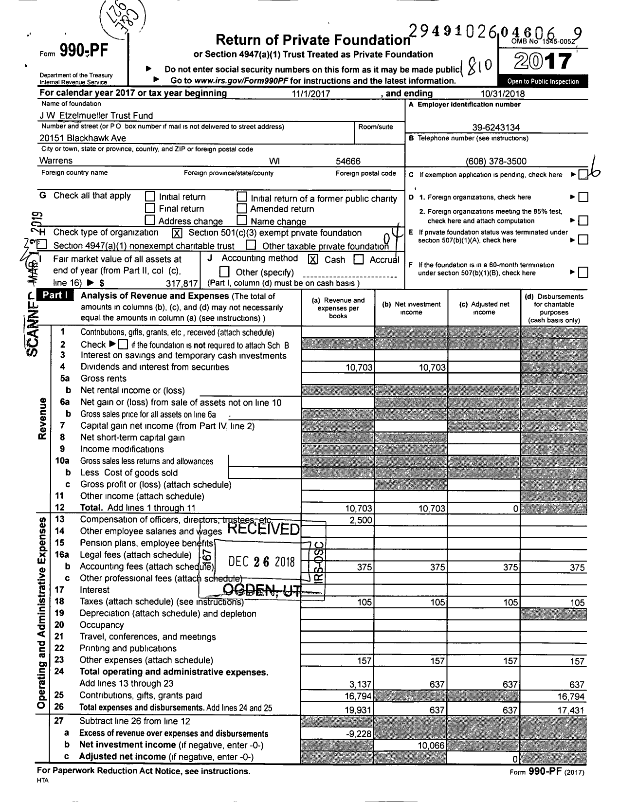 Image of first page of 2017 Form 990PF for JW Etzelmueller Trust Fund