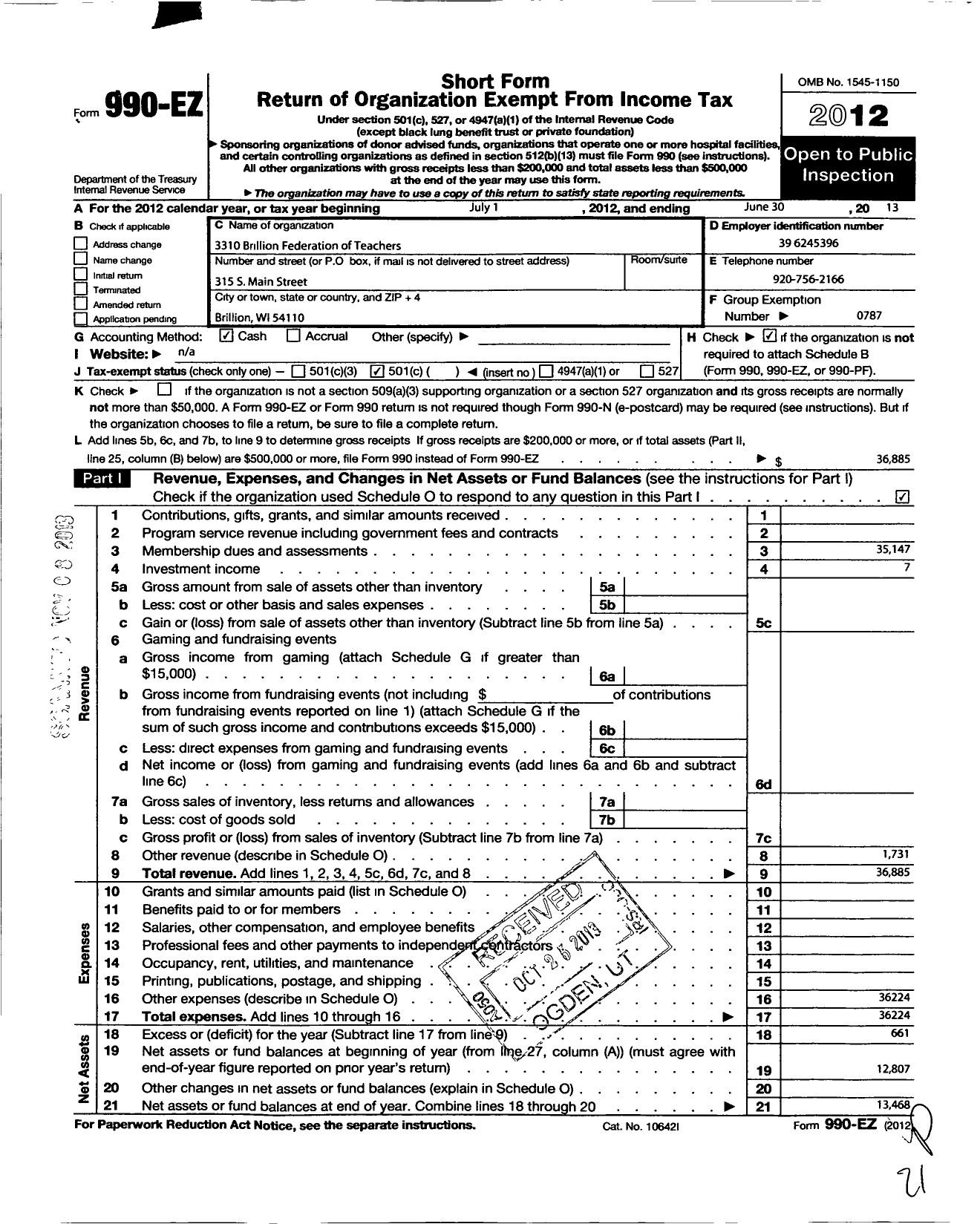 Image of first page of 2012 Form 990EO for American Federation of Teachers - 3310 Brillion Education Association