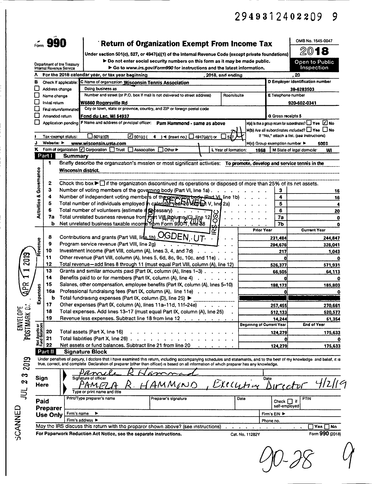 Image of first page of 2018 Form 990O for Wisconsin Tennis Association