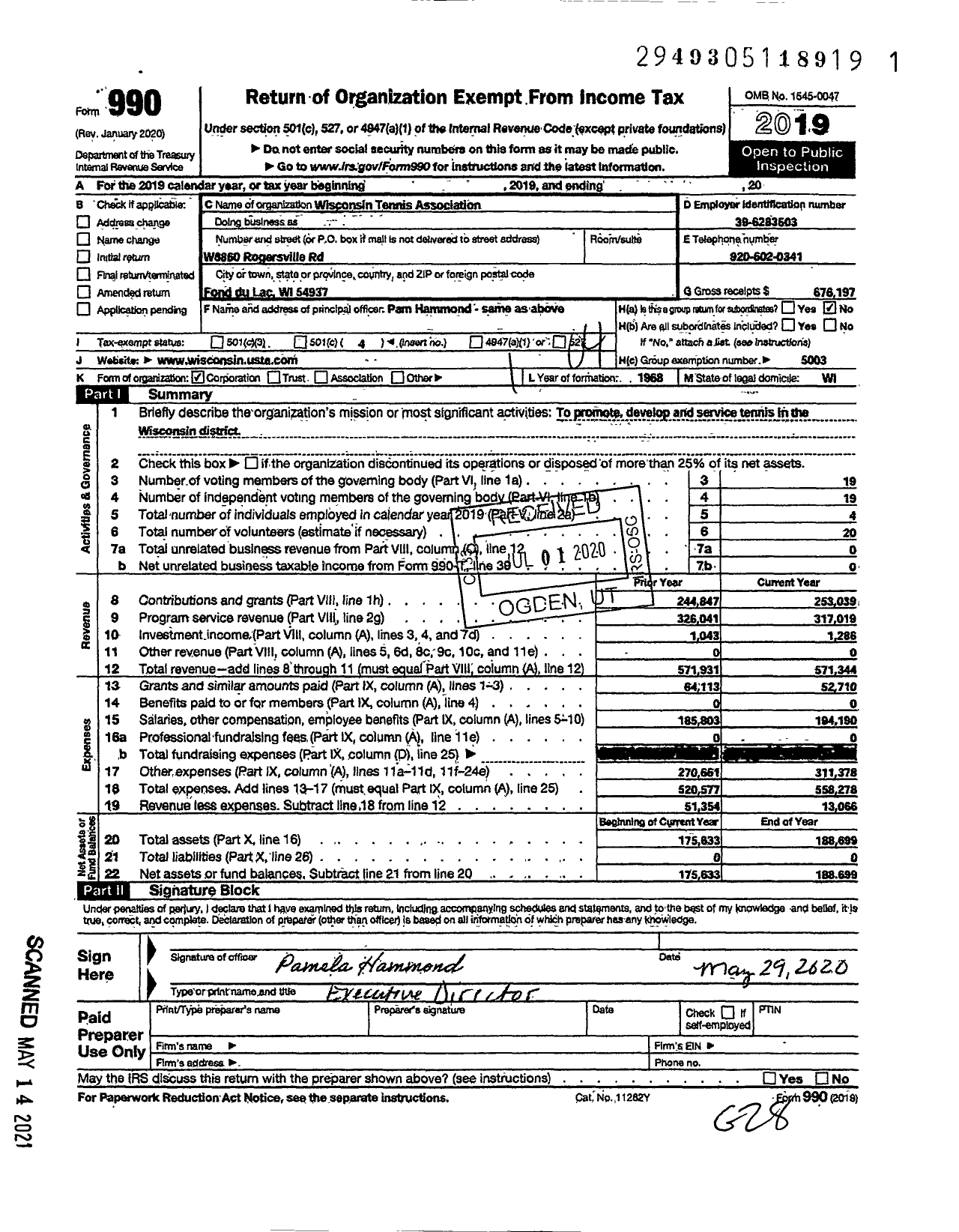 Image of first page of 2019 Form 990O for Wisconsin Tennis Association