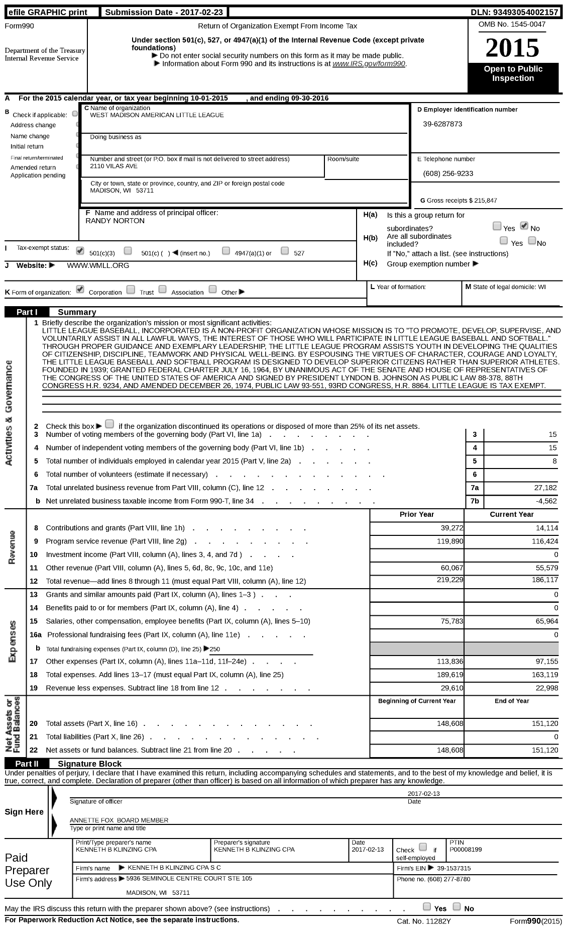 Image of first page of 2015 Form 990 for Little League Baseball - 1490410 West Madison American LL