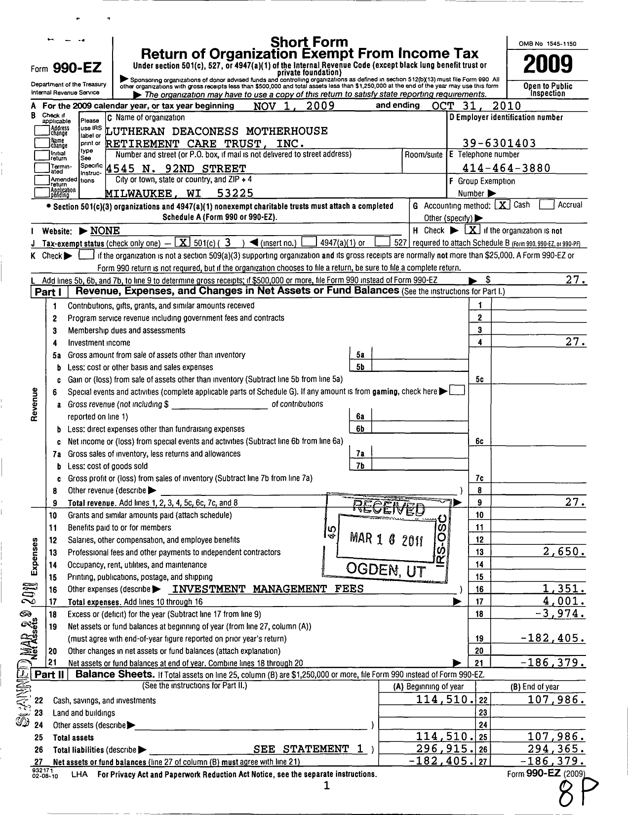 Image of first page of 2009 Form 990EZ for Lutheran Deaconess Motherhouse Retirement Care Trust