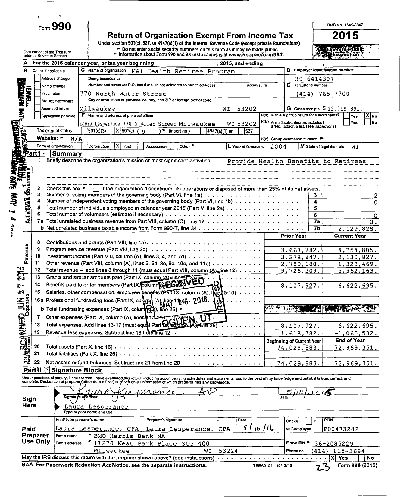 Image of first page of 2015 Form 990O for M and I Health Retiree Program