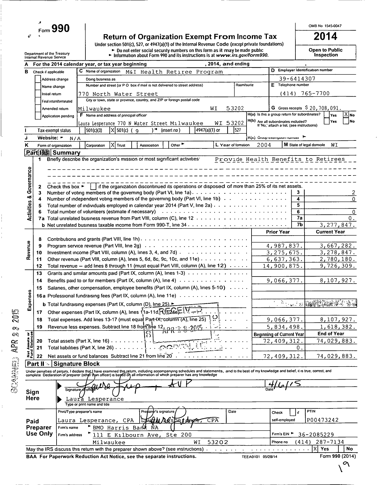 Image of first page of 2014 Form 990O for M and I Health Retiree Program