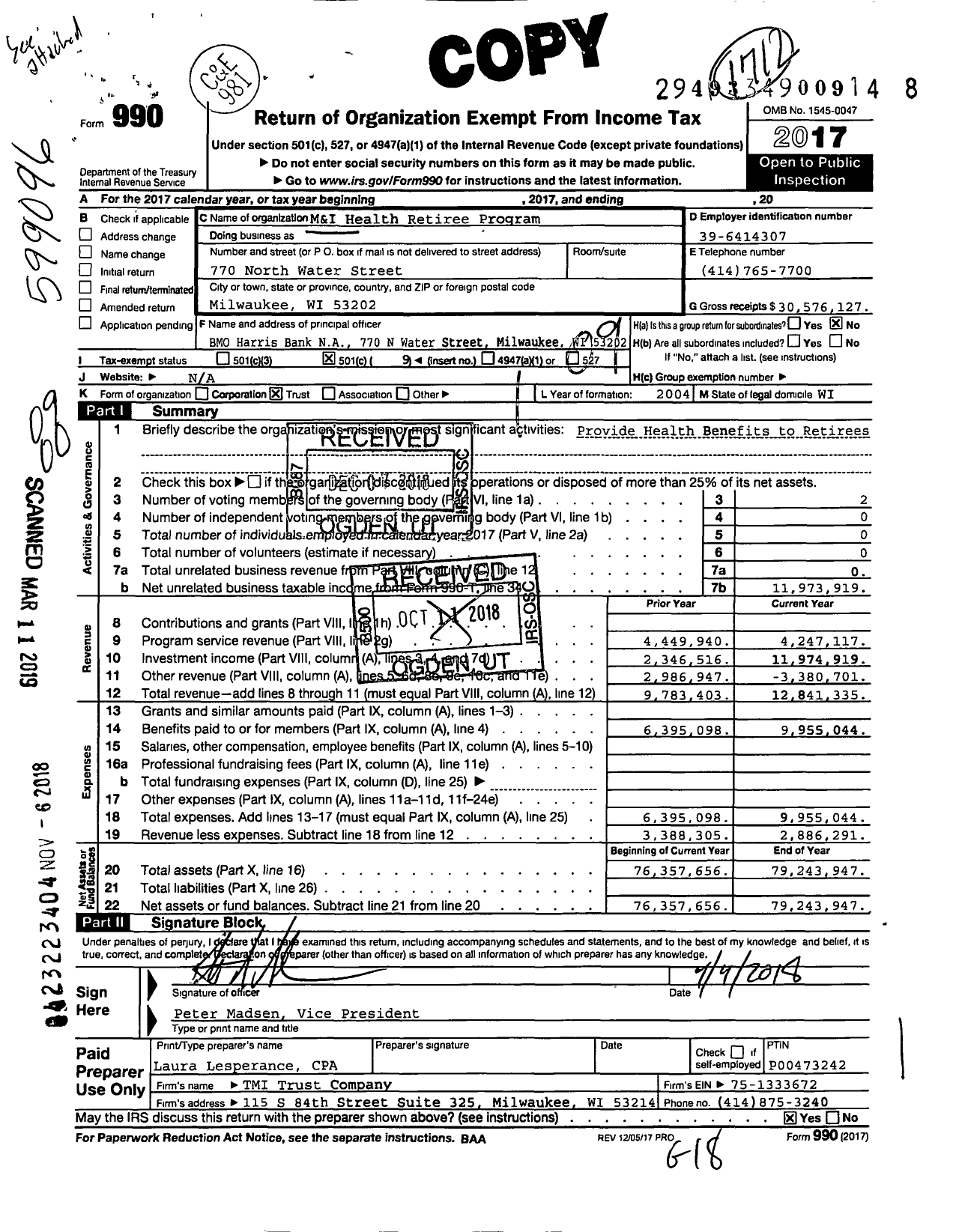 Image of first page of 2017 Form 990O for M and I Health Retiree Program