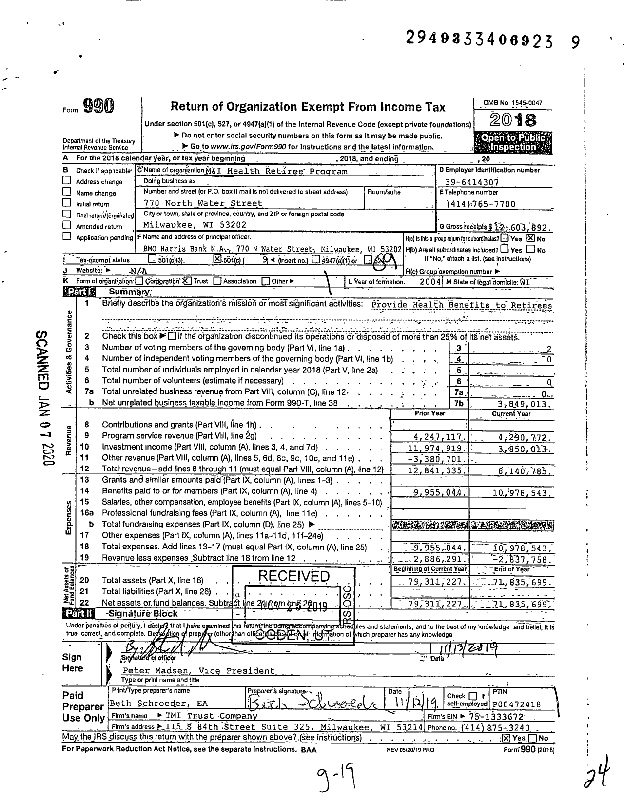 Image of first page of 2018 Form 990O for M and I Health Retiree Program