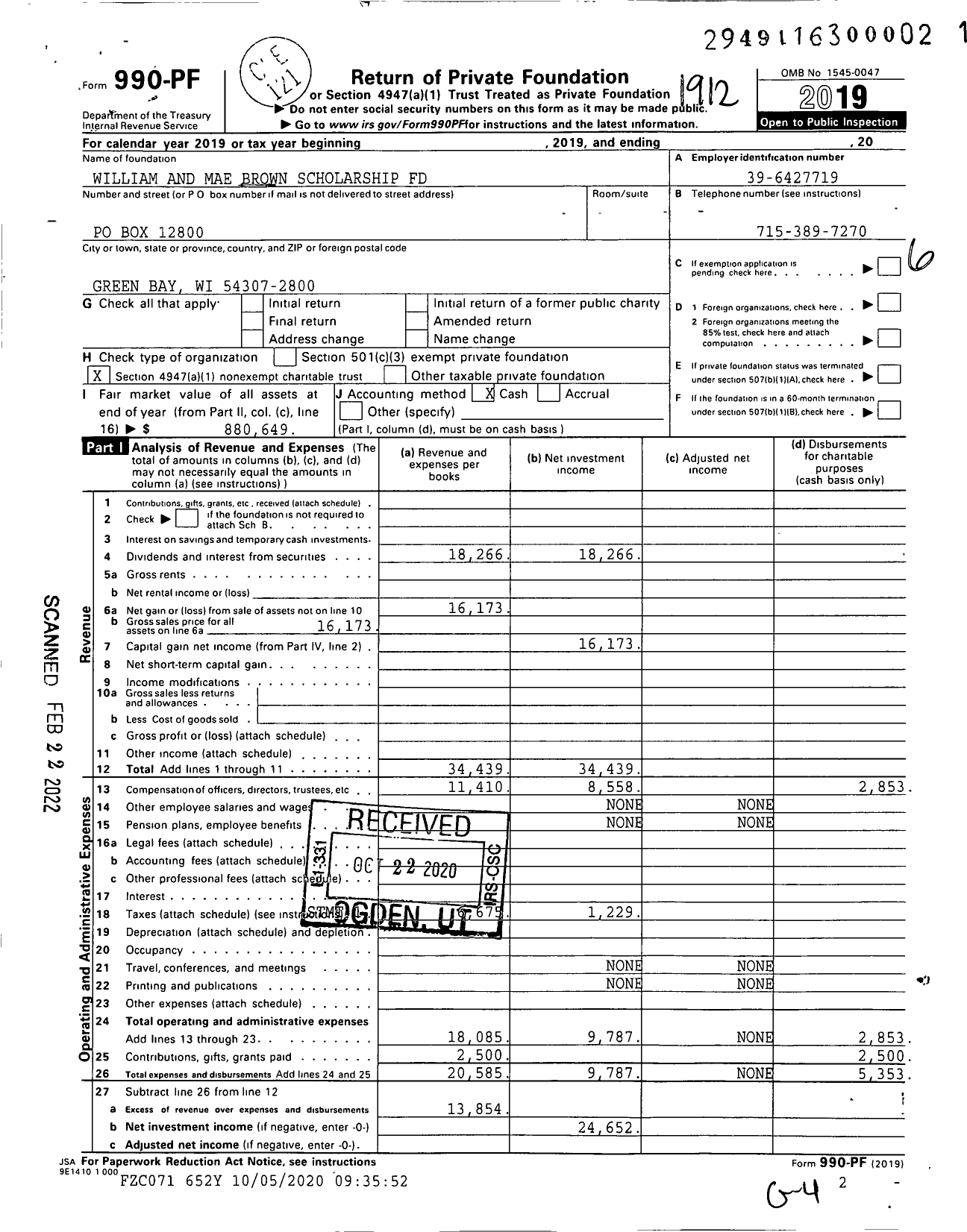 Image of first page of 2019 Form 990PF for William and Mae Brown Scholarship Fund