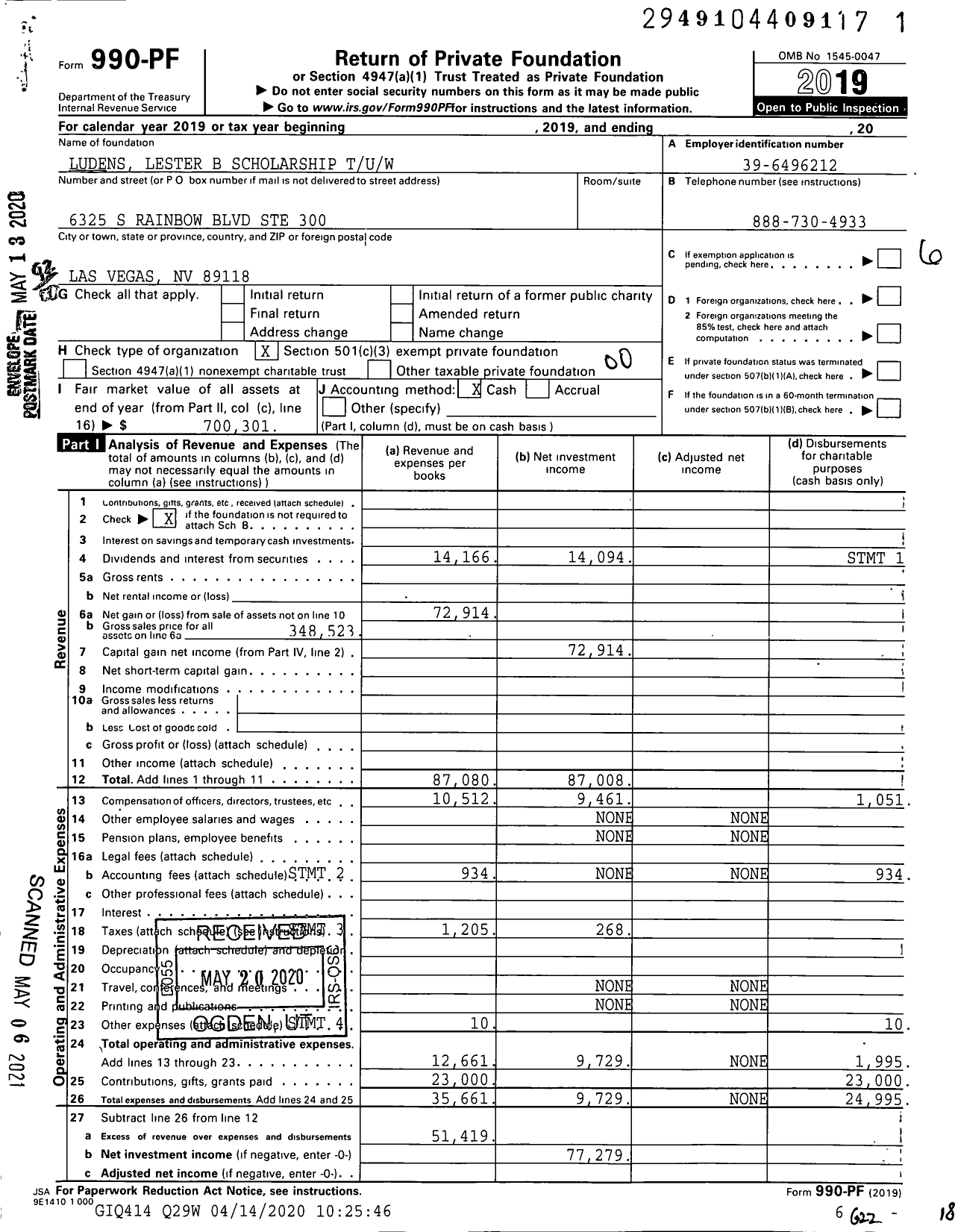 Image of first page of 2019 Form 990PF for Ludens Lester B Scholarship Tuw