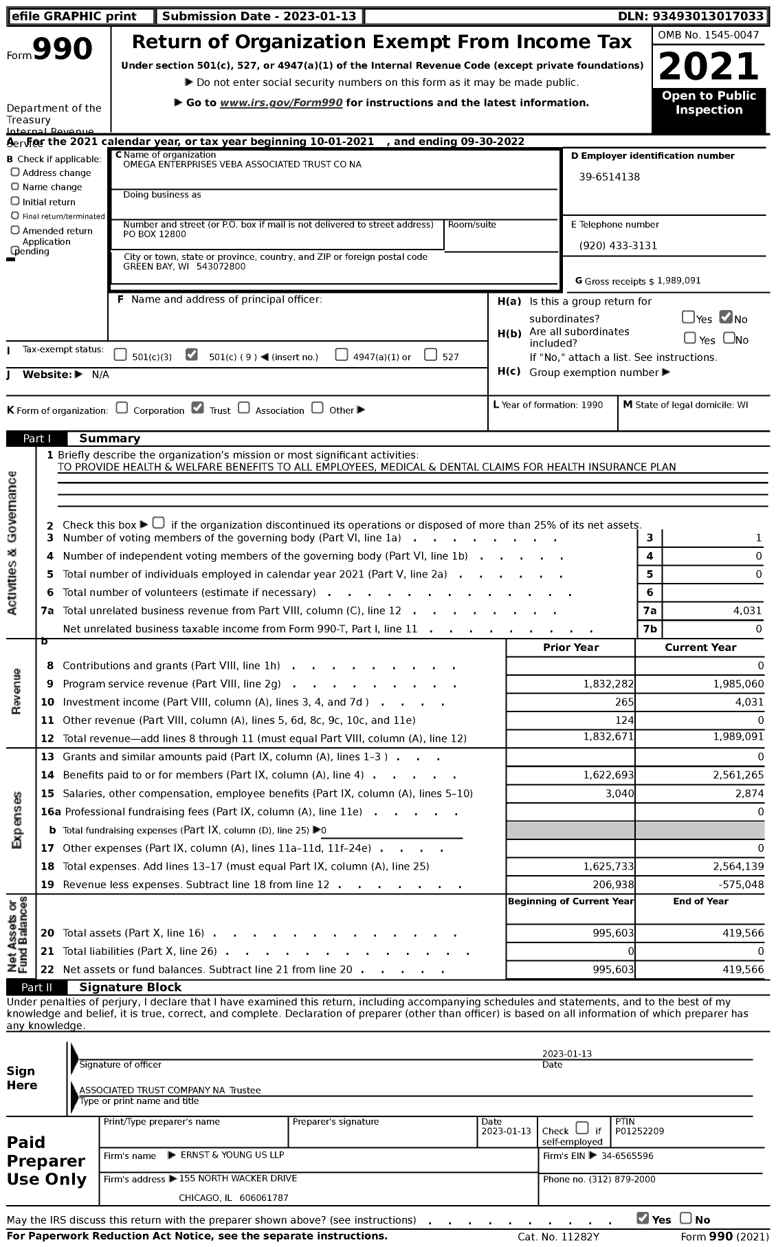 Image of first page of 2021 Form 990 for Omega Enterprises Veba Associated Trust Na