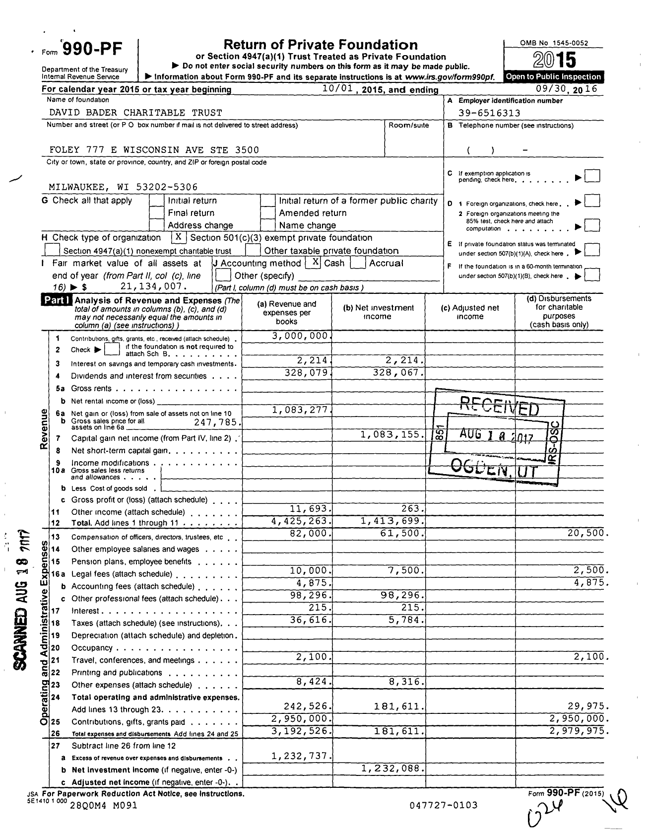 Image of first page of 2015 Form 990PF for David Bader Charitable Trust