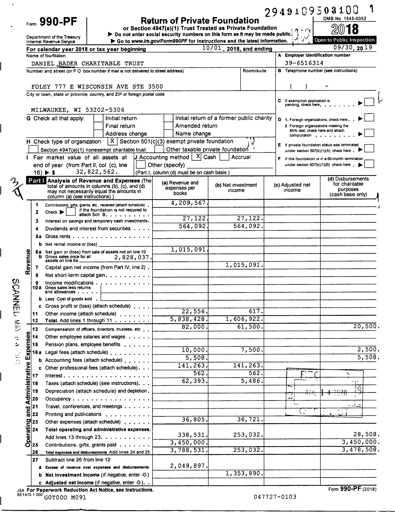 Image of first page of 2018 Form 990PF for Daniel Bader Charitable Trust