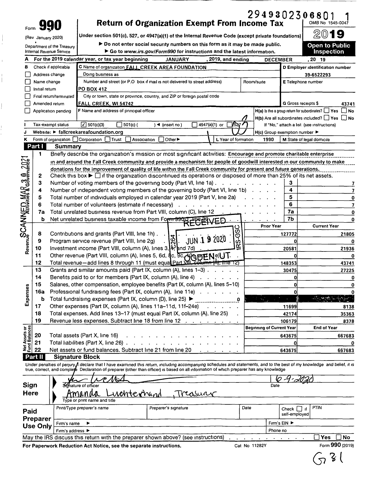 Image of first page of 2019 Form 990 for Fall Creek Area Foundation