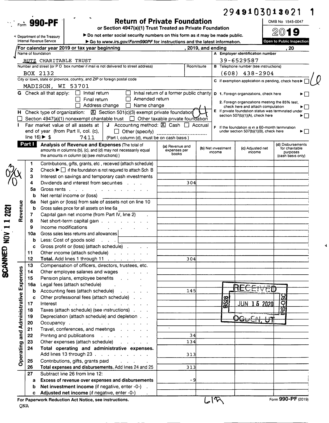 Image of first page of 2019 Form 990PF for Butz Charitable Trust