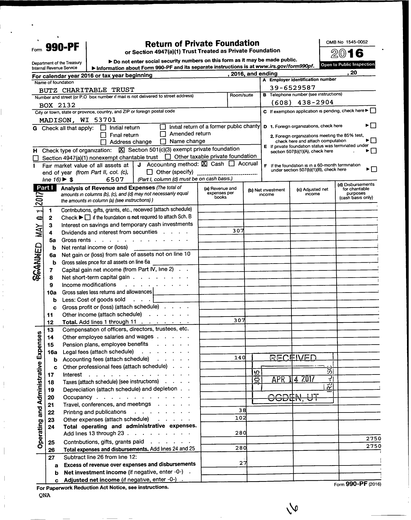 Image of first page of 2016 Form 990PF for Butz Charitable Trust