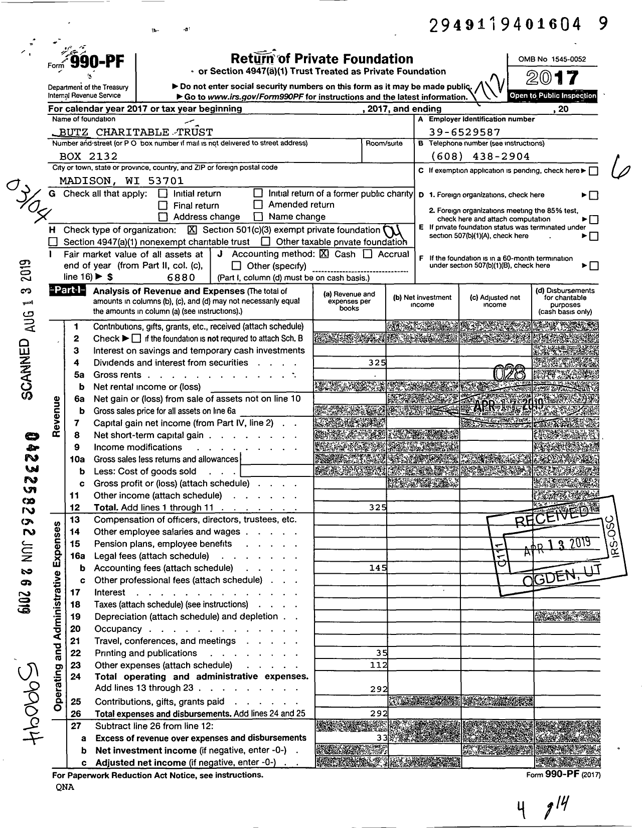 Image of first page of 2017 Form 990PF for Butz Charitable Trust