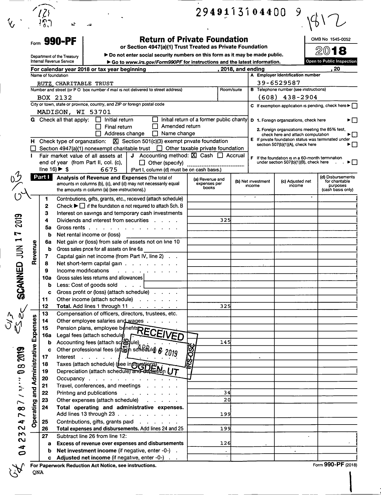 Image of first page of 2018 Form 990PF for Butz Charitable Trust