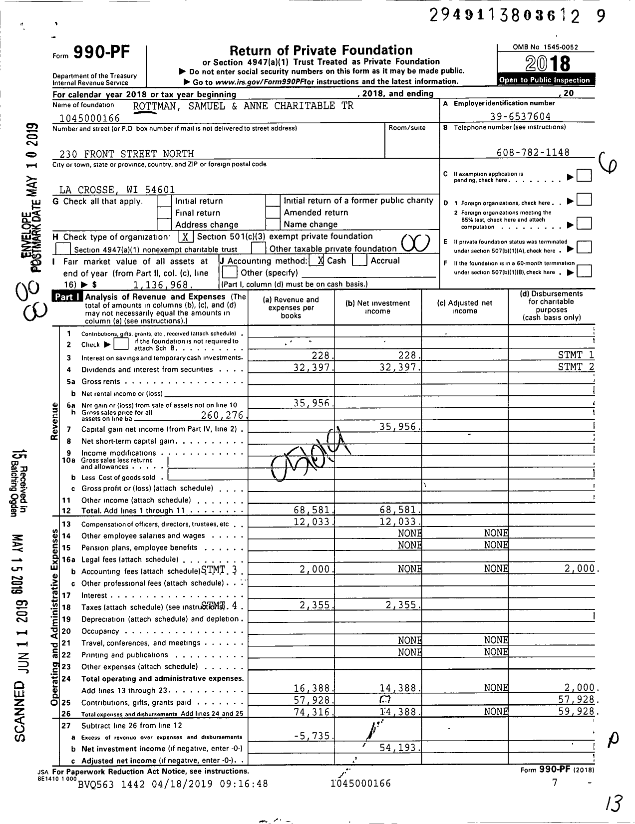 Image of first page of 2018 Form 990PF for Rottman Samuel and Anne Charitable Trust