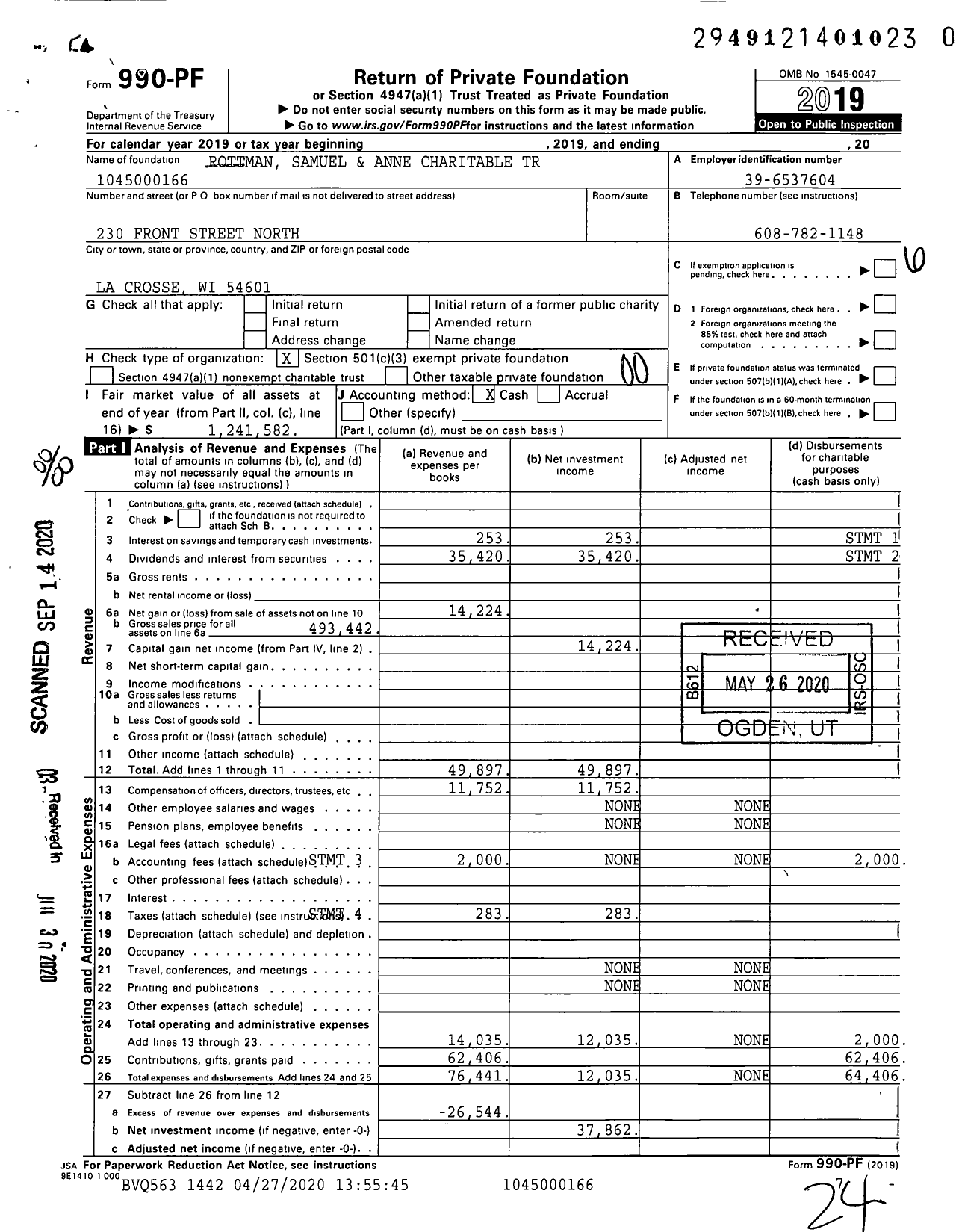 Image of first page of 2019 Form 990PR for Rottman Samuel and Anne Charitable Trust