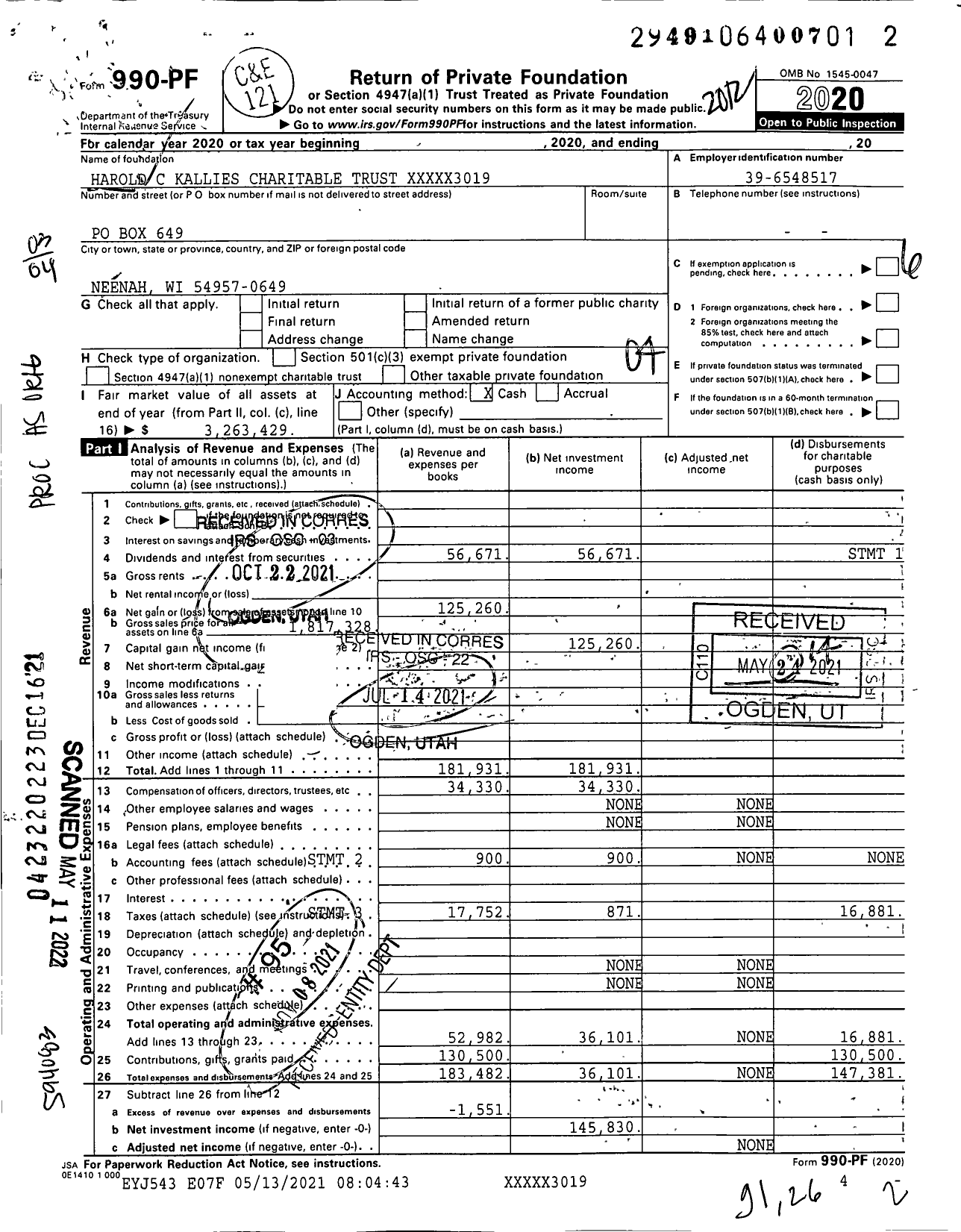 Image of first page of 2020 Form 990PF for Harold C Kallies Charitable Trust