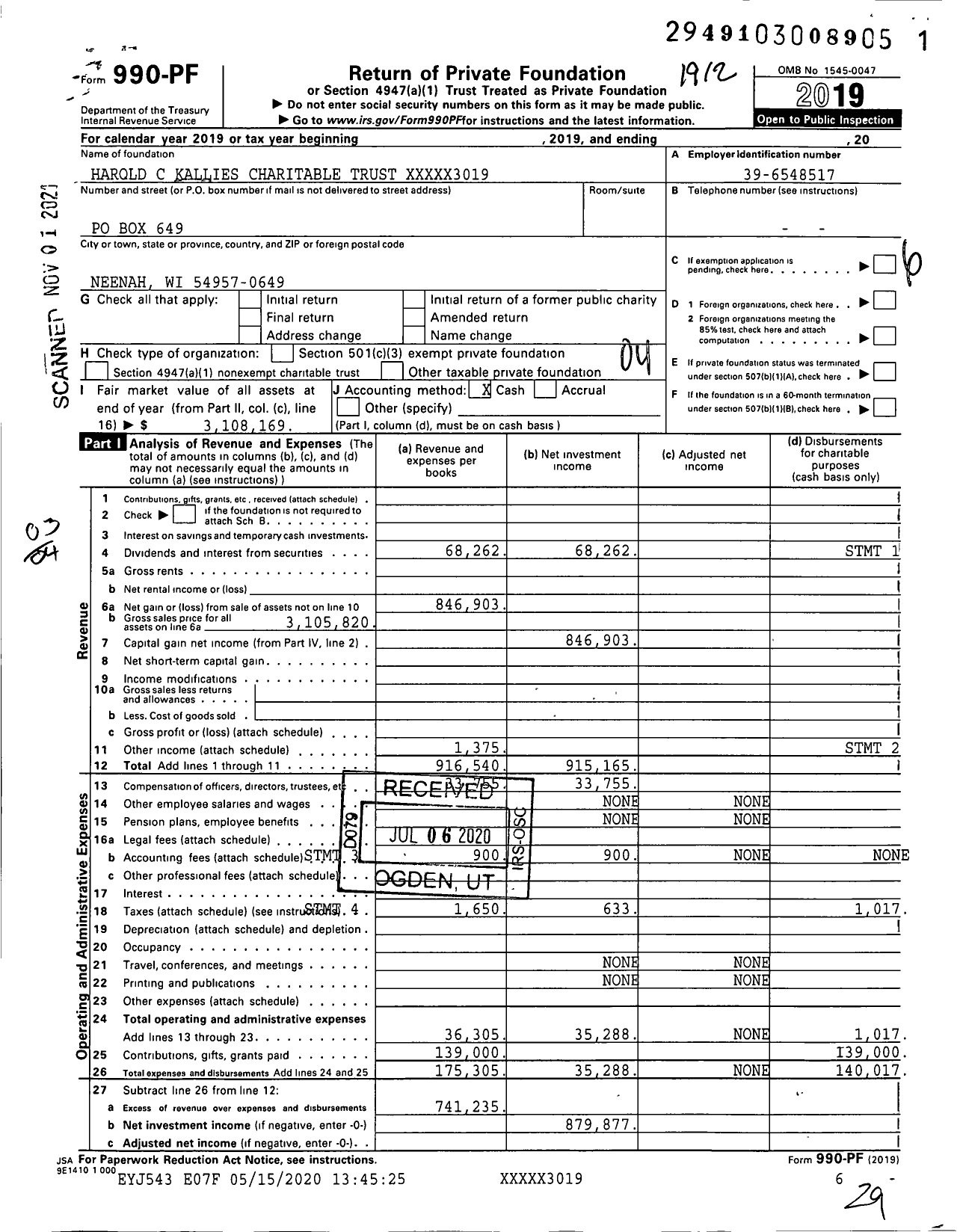 Image of first page of 2019 Form 990PF for Harold C Kallies Charitable Trust