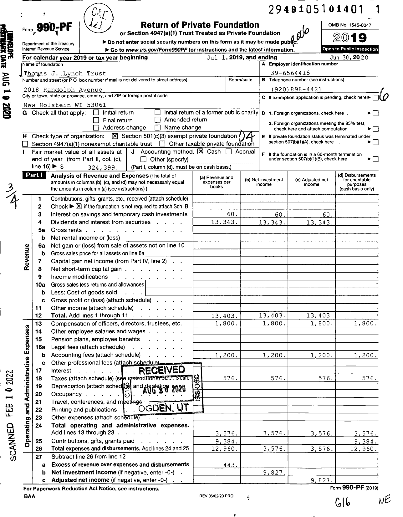 Image of first page of 2019 Form 990PF for Thomas J Lynch Trust