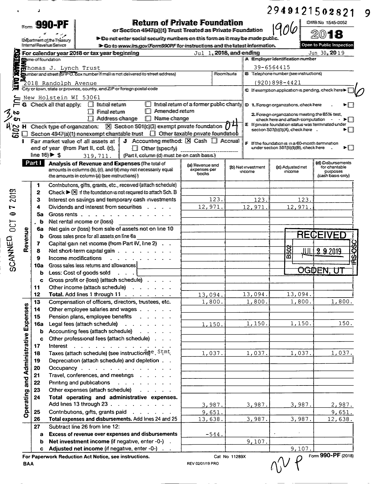 Image of first page of 2018 Form 990PF for Thomas J Lynch Trust