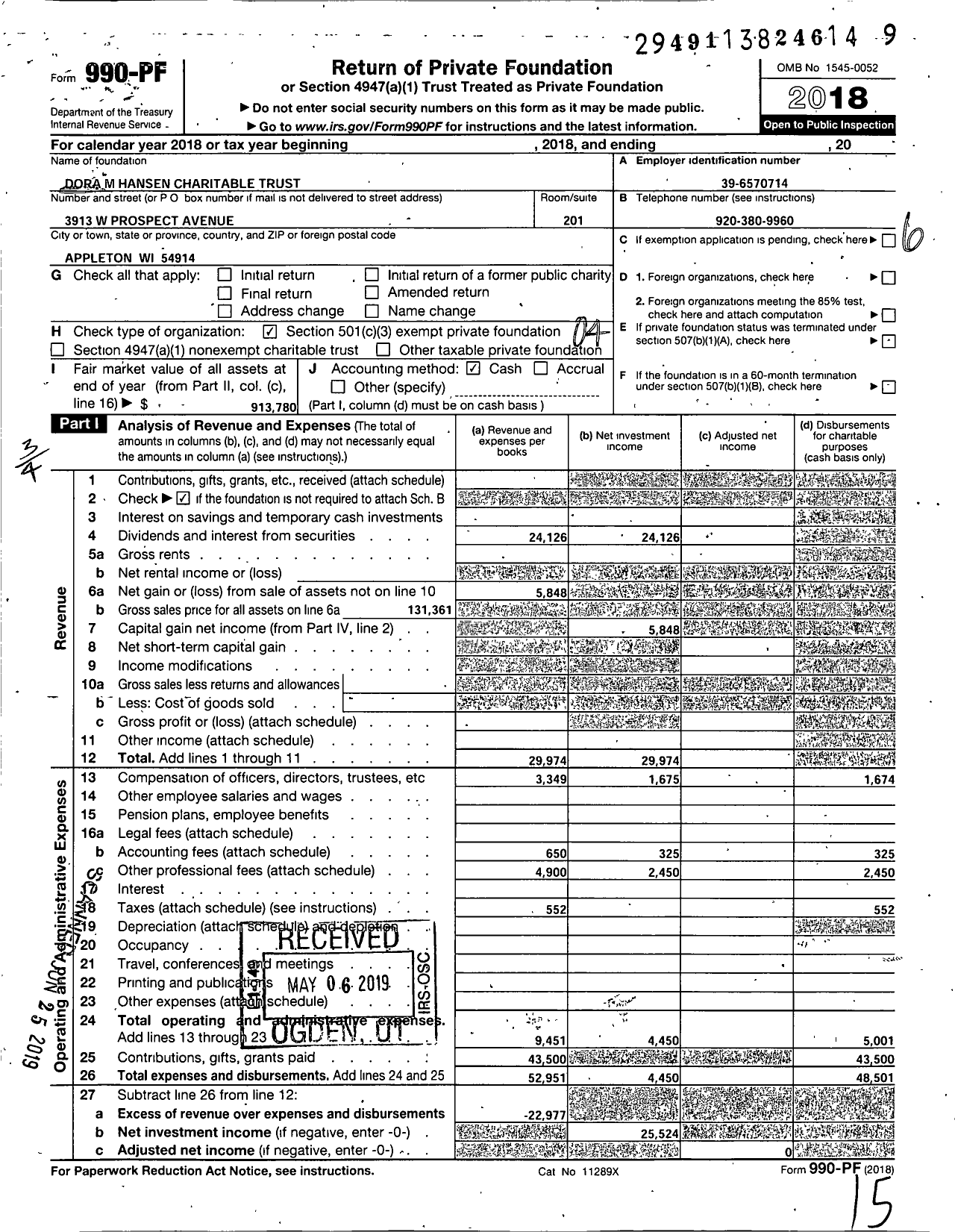 Image of first page of 2018 Form 990PF for Dora M Hansen Charitable Trust