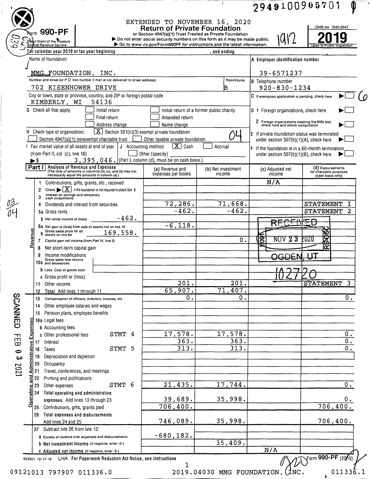 Image of first page of 2019 Form 990PF for MMG Foundation